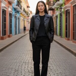 Leather Womens Black Button Front Blazer Jacket Size M Motostyle Winter